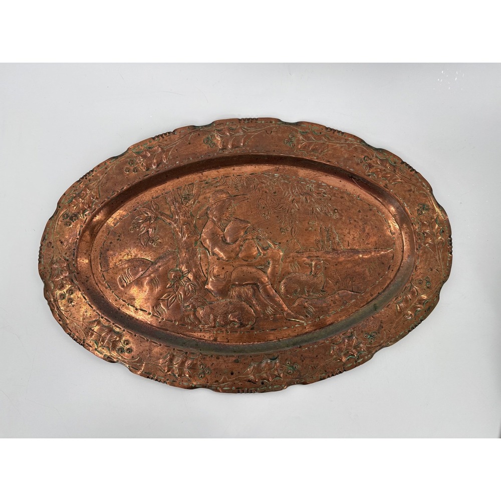 Fait Main Embossed Copper Wall Tray Large Shepherd Sheep Pastoral Repoussé vtg